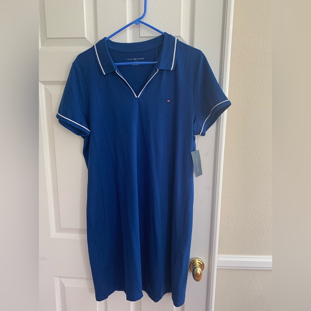 NWT Tommy Hilfiger Blue Cotton Dress: Logo, Spread Collar, VNeck Short Sleeve XL